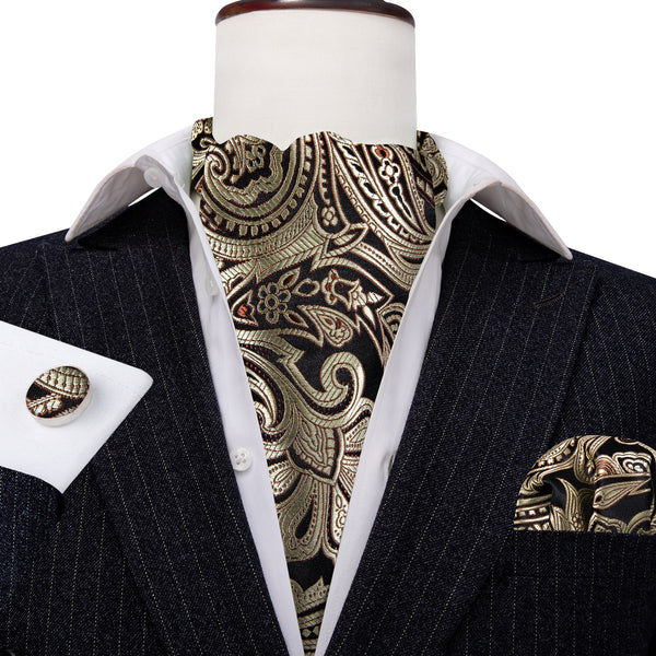 Champagne Black Paisley Silk Ascot Cravat Pocket Square Cufflinks Set