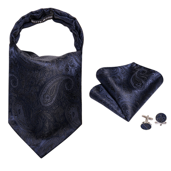 Black Deep Blue Paisley Silk Ascot Cravat Tie Pocket Square Cufflinks ...