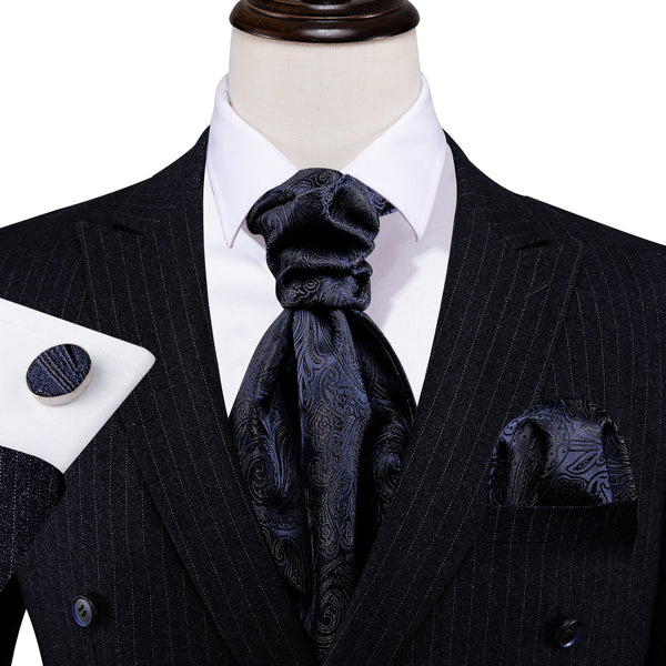 Black Deep Blue Paisley Silk Ascot Cravat Tie Pocket Square Cufflinks Set