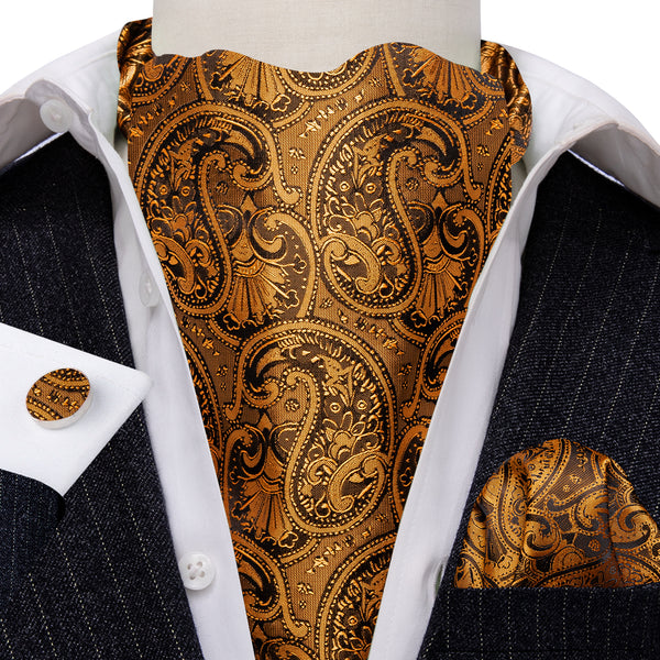Golden Brown Paisley Silk Ascot Cravat Pocket Square Cufflinks Set
