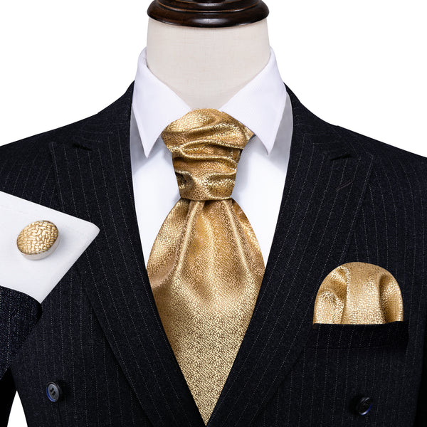 Champagne Golden Solid Silk Ascot Cravat Tie Pocket Square Cufflinks Set