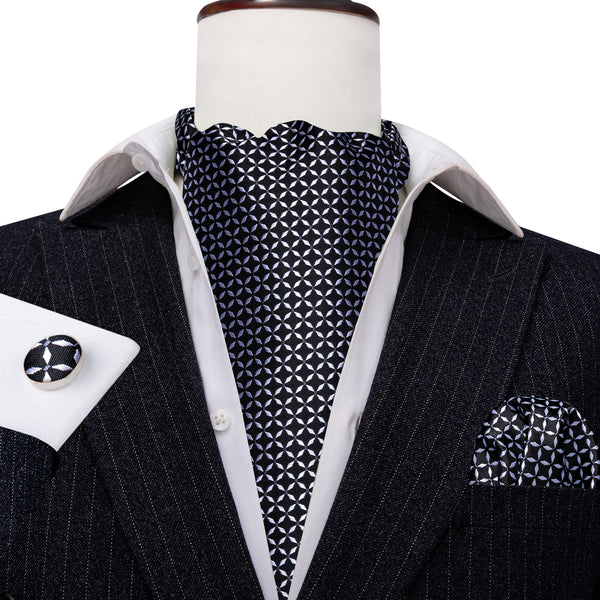 Black White Plaid Ascot Cravat Tie Pocket Square Cufflinks Set
