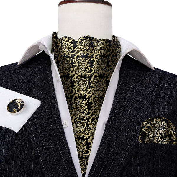 Black Golden Floral Ascot Cravat Tie Pocket Square Cufflinks Set