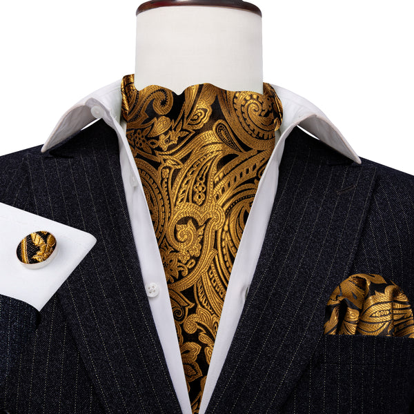Golden Brown Paisley Ascot Cravat Tie Pocket Square Cufflinks Set