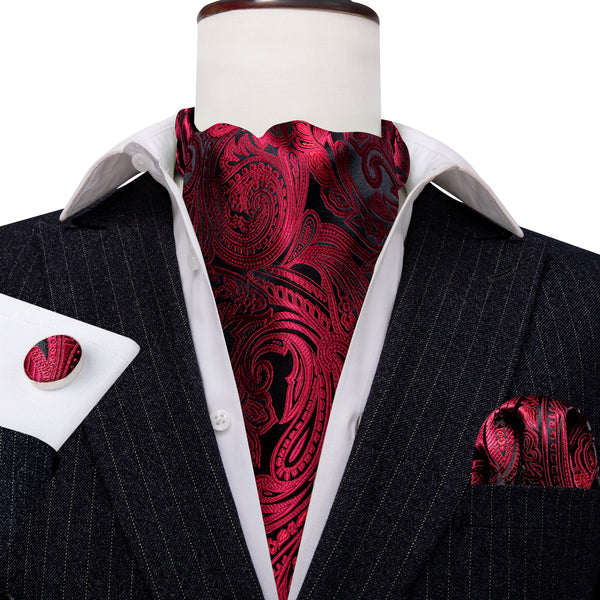 Black Red Paisley Ascot Cravat Tie Pocket Square Cufflinks Set