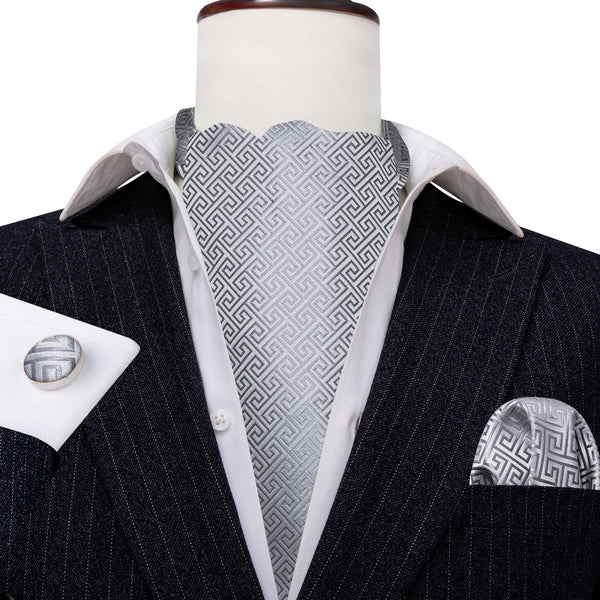Silver Grey Geometry Novelty Ascot Cravat Tie Pocket Square Cufflinks Set