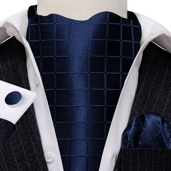 Dark Blue Plaid Ascot Cravat Tie Pocket Square Cufflinks Set