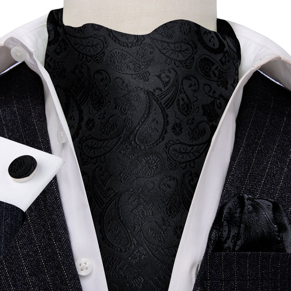 Ties2you Black Tie Paisley Ascot Cravat Tie Pocket Square Cufflinks Set Fashion