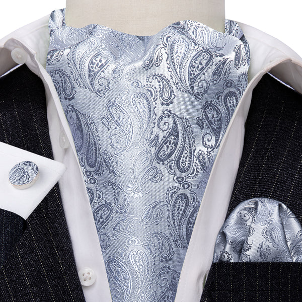 Silver Grey Paisley Ascot Cravat Tie Pocket Square Cufflinks Set