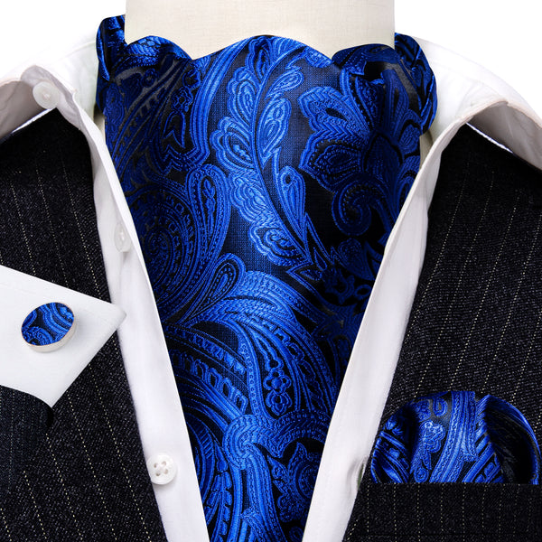 Royal Blue Paisley Ascot Cravat Tie Pocket Square Cufflinks Set
