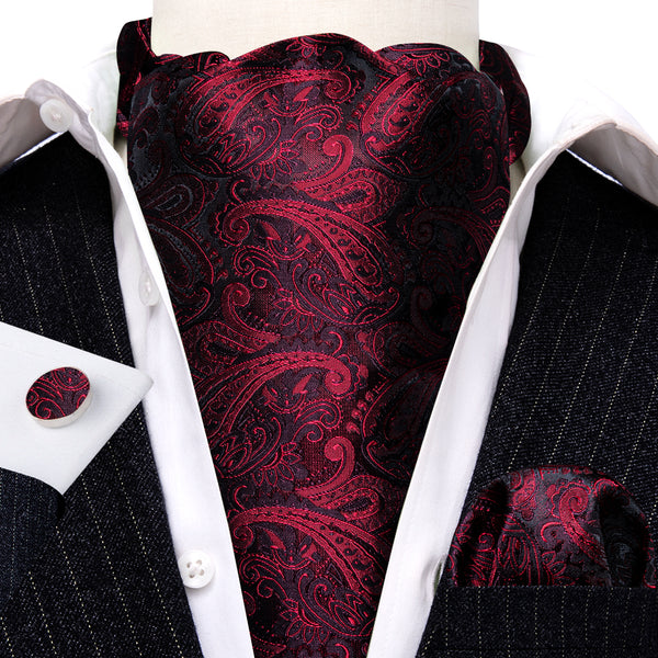 Dark Red Paisley Ascot Cravat Tie Pocket Square Cufflinks Set