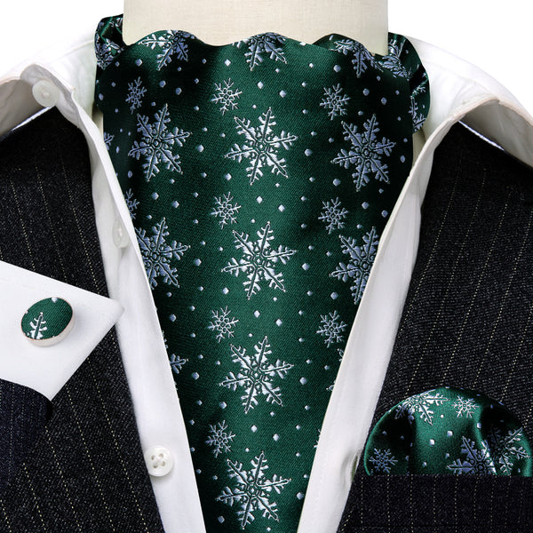Christmas Dark Green Snowflake Floral Ascot Cravat Tie Pocket Square Cufflinks Set