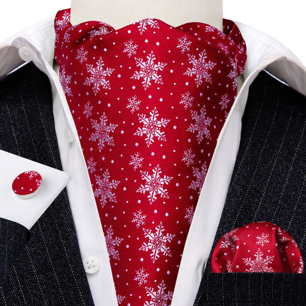 Christmas Red Snowflake Floral Ascot Cravat Tie Pocket Square Cufflinks Set