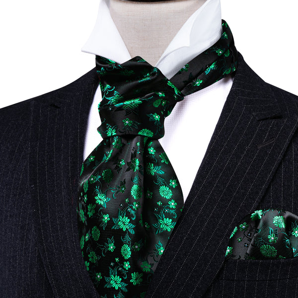 Green Floral Silk Cravat Woven Ascot Tie Pocket Square Cufflinks Set