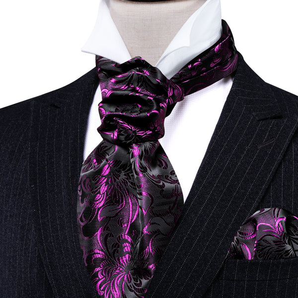 Black Purple Floral Silk Cravat Woven Ascot Tie Pocket Square Cufflinks Set