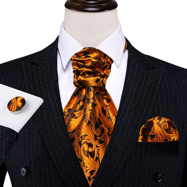 Ties2you Floral Tie Orange Black Silk Woven Ascot Cravat Tie Pocket Square Cufflinks Set