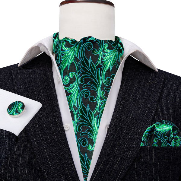 Green Black Paisley Silk Cravat Woven Ascot Tie Pocket Square Cufflinks Set