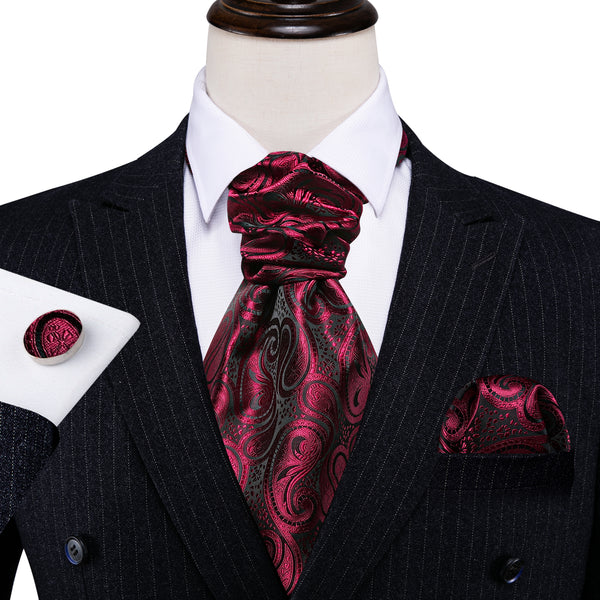 Ties2you Paisley Tie Red Black Silk Cravat Woven Ascot Tie Pocket Square Cufflinks Set