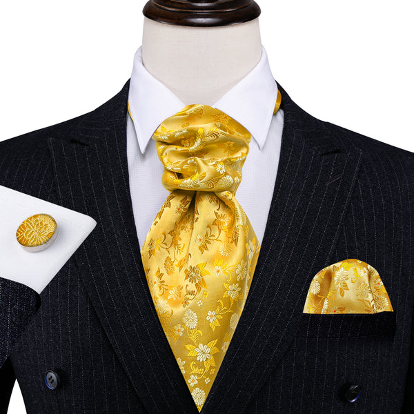 New Yellow Floral Silk Cravat Woven Ascot Tie Pocket Square Cufflinks Set