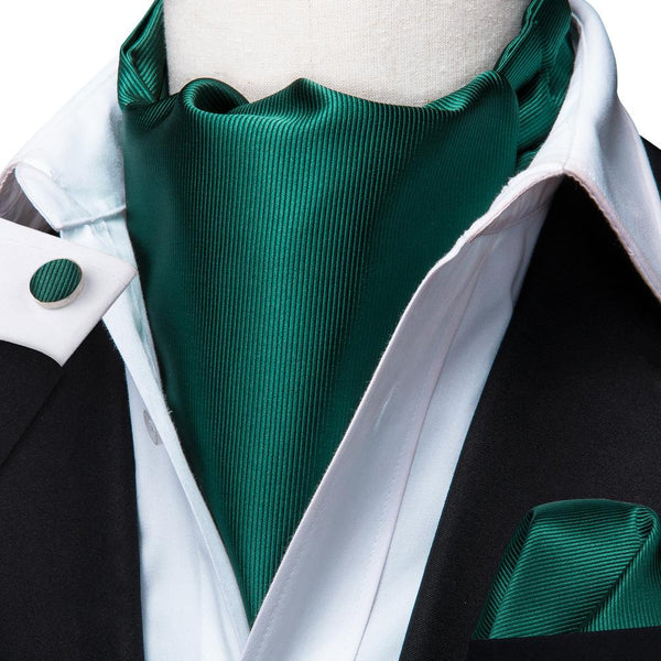 Dark Green Solid Silk Ascot Tie Pocket Square Cufflinks Set