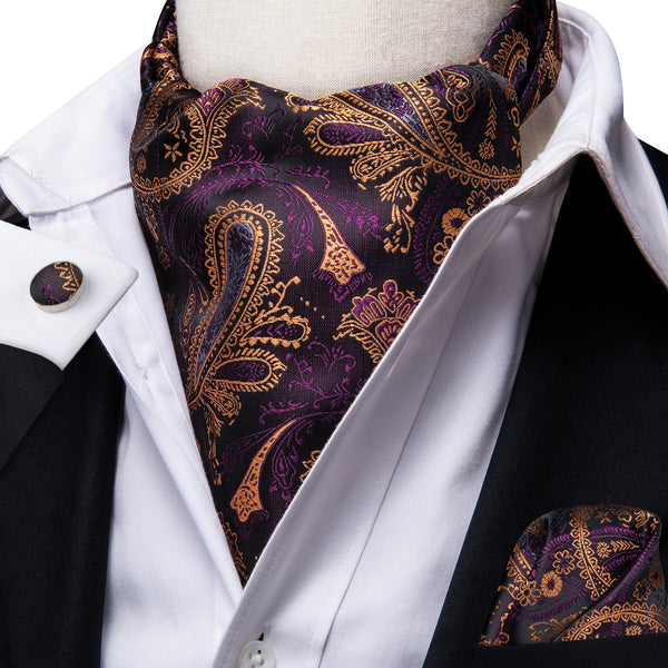 Brown Purple Paisley Silk Ascot Cravat Pocket Square Cufflinks Set
