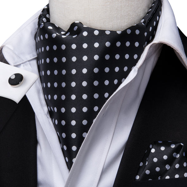 Black White Polka Dot Silk Ascot Cravat Pocket Square Cufflinks Set