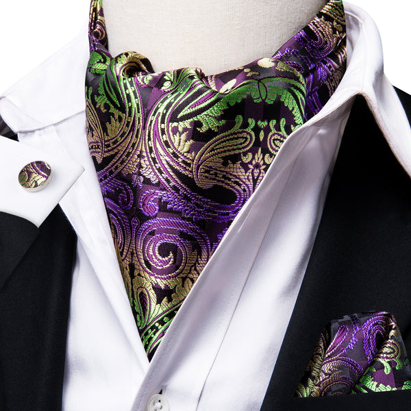 Luxury Shinning Purple Green Paisley Silk Ascot Cravat Pocket Square Cufflinks Set
