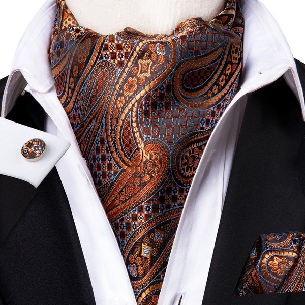 Gold Paisley Silk Ascot Tie Pocket Square Cufflinks Set