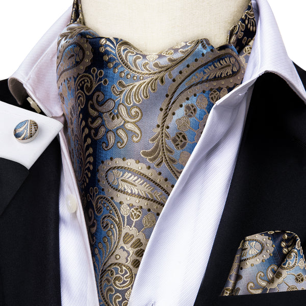 Silver Blue Shinning Paisley Silk Ascot Cravat Pocket Square Cufflinks Set