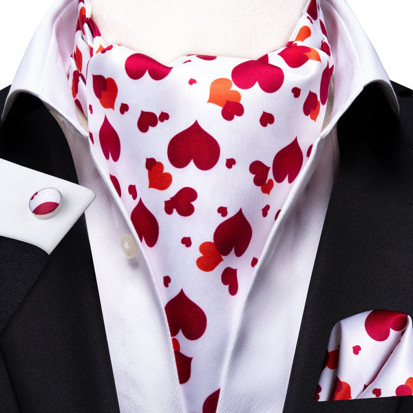 Lovelty Heart Silk Ascot Tie Pocket Square Cufflinks Set
