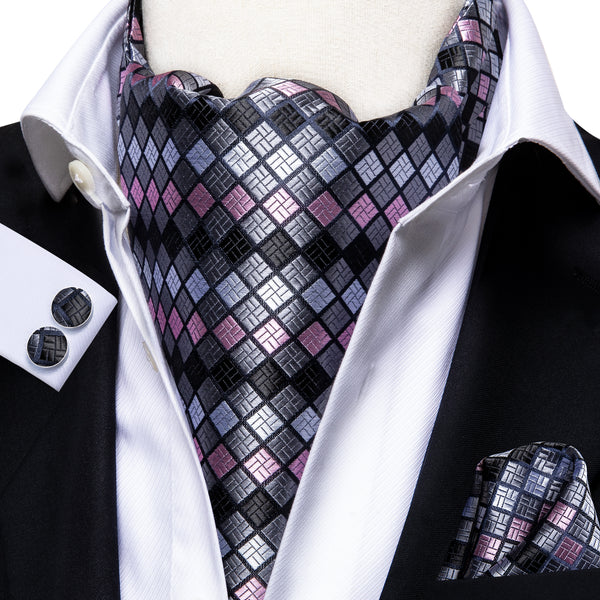 Grey Pink Plaid Silk Ascot Cravat Pocket Square Cufflinks Set
