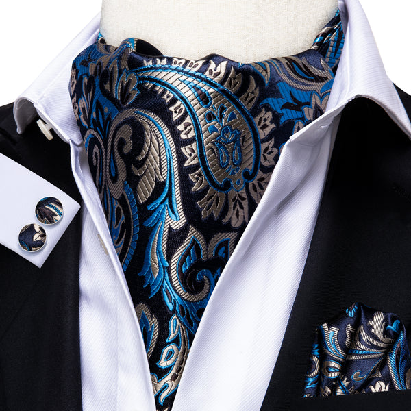 Luxury Black Blue Paisley Silk Ascot Cravat Pocket Square Cufflinks Set