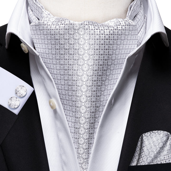 Silver White Polka Dot Silk Ascot Cravat Pocket Square Cufflinks Set ...