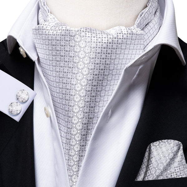 Ties2you Men's Tie Silver White Polka Dot Silk Ascot Cravat Pocket Square Cufflinks Set