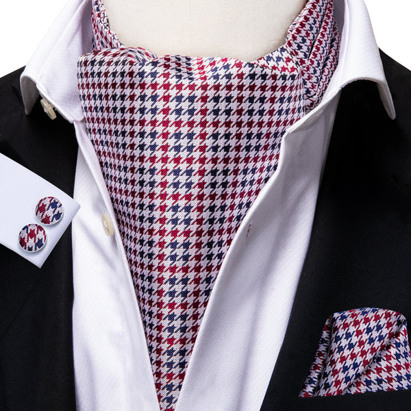 Red Blue Houndstooth Plaid Silk Ascot Cravat Pocket Square Cufflinks Set