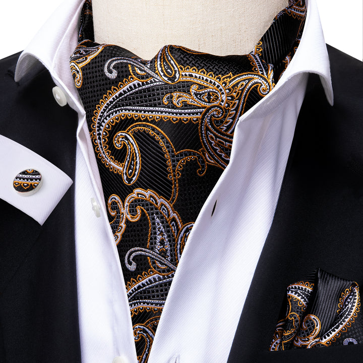 Black Golden Paisley Silk Ascot Cravat Pocket Square Cufflinks Set ...