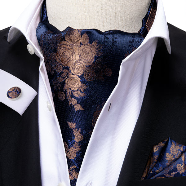 Blue Brown Floral Silk Ascot Cravat Pocket Square Cufflinks Set