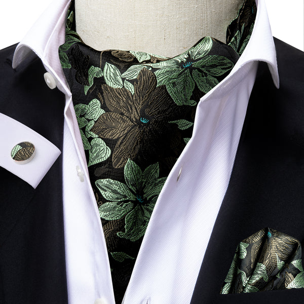 Black Green Floral Silk Ascot Cravat Pocket Square Cufflinks Set