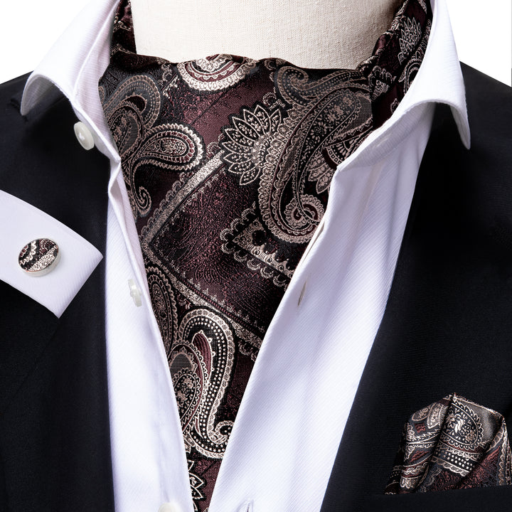 Red-Brown Paisley Silk Ascot Cravat Pocket Square Cufflinks Set – ties2you