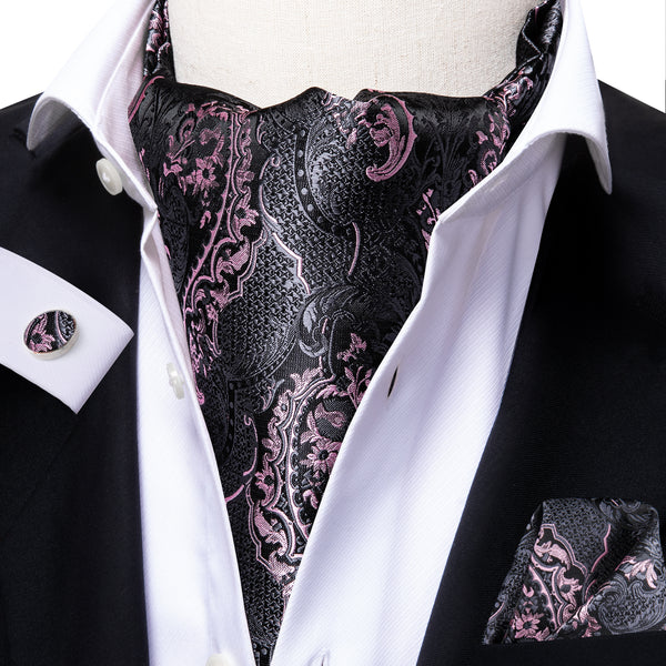 Black Pink Paisley Silk Ascot Cravat Pocket Square Cufflinks Set