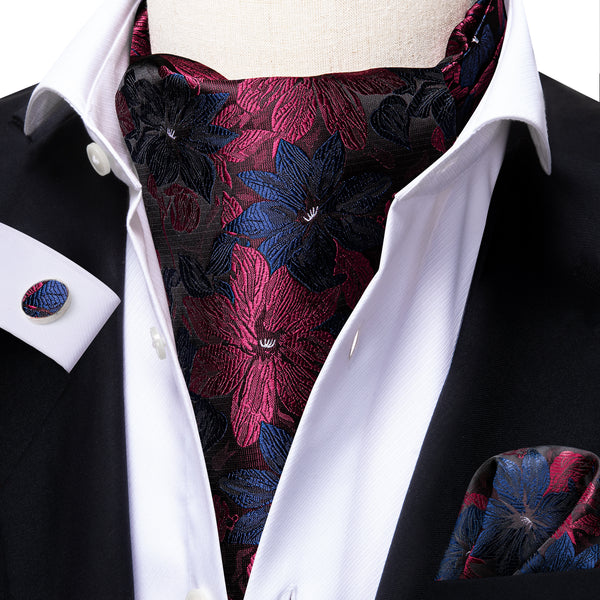 Red Blue Floral Silk Ascot Cravat Pocket Square Cufflinks Set