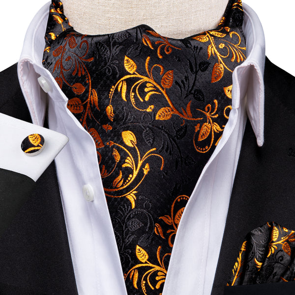 Black Golden Floral Ascot Cravat Tie Pocket Square Cufflinks Set