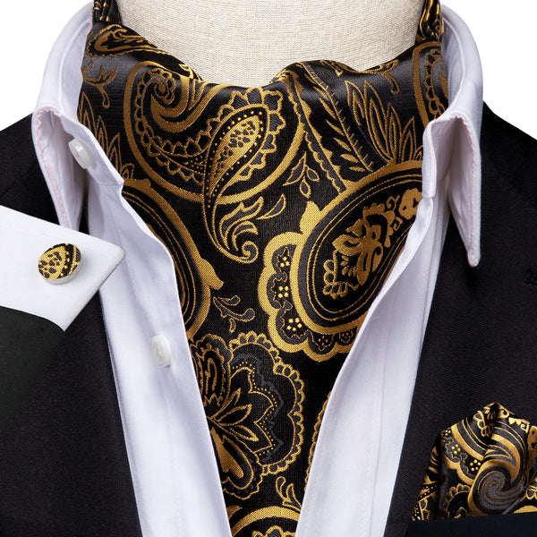 Black Golden Paisley Ascot Cravat Tie Pocket Square Cufflinks Set