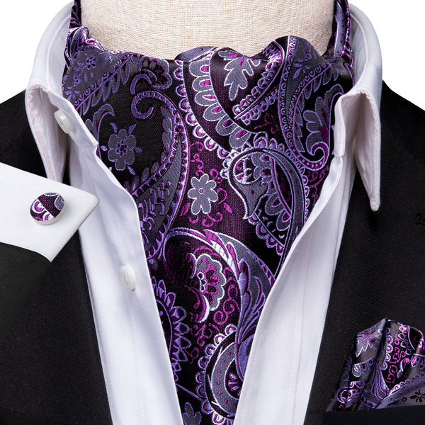 Dark Purple Paisley Ascot Cravat Tie Pocket Square Cufflinks Set