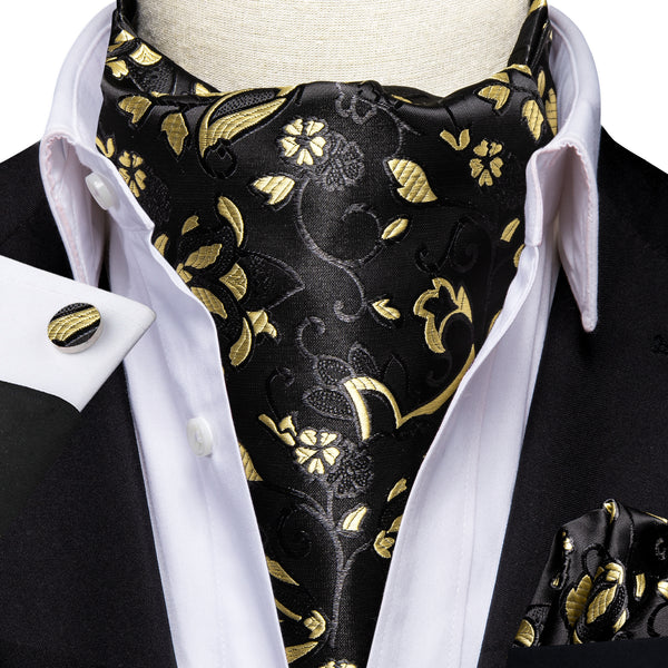 Black Champagne Floral Ascot Cravat Tie Pocket Square Cufflinks Set