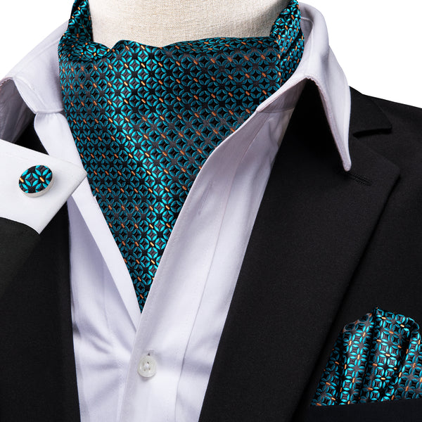 Lake Blue Plaid Ascot Cravat Tie Pocket Square Cufflinks Set
