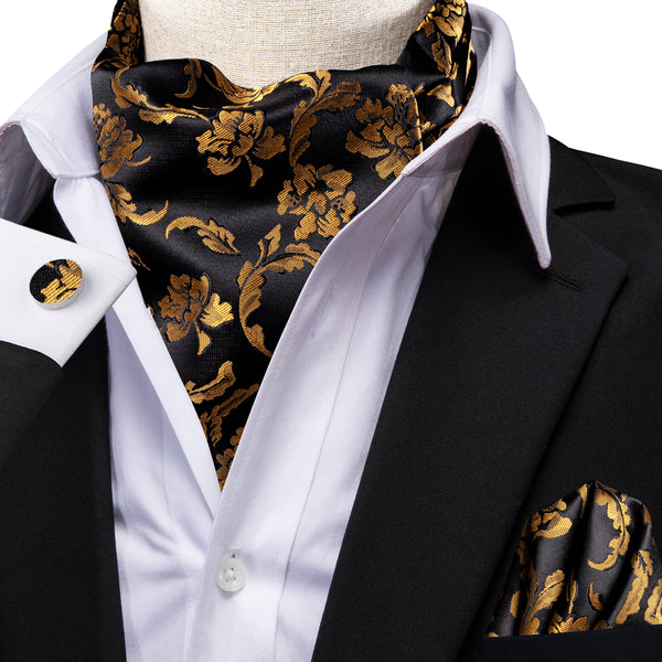 Black Golden Floral Ascot Cravat Tie Pocket Square Cufflinks Set