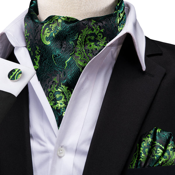 Dark Green Floral Ascot Cravat Tie Pocket Square Cufflinks Set