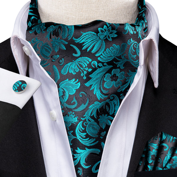 Black Blue Floral Ascot Cravat Tie Pocket Square Cufflinks Set