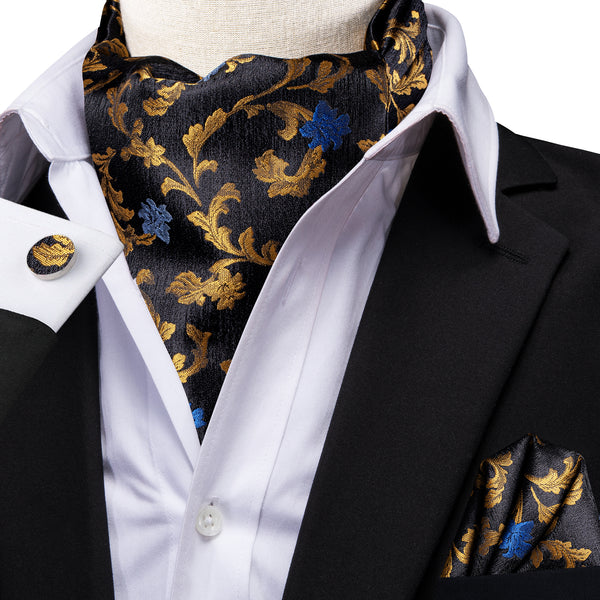 Black Golden Blue Floral Ascot Cravat Tie Pocket Square Cufflinks Set